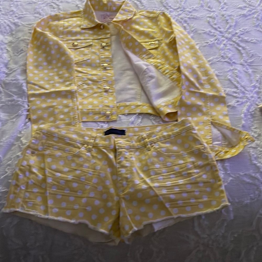 Yellow and white polka dot shorts and jacket set